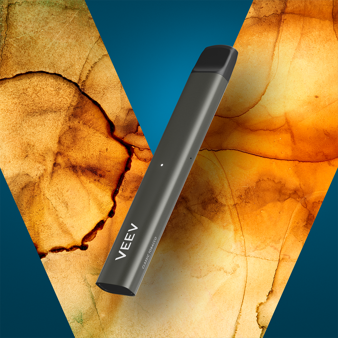 VEEV NOW classic tobacco disposable e-cigarette on VEEV NOW promotional banner